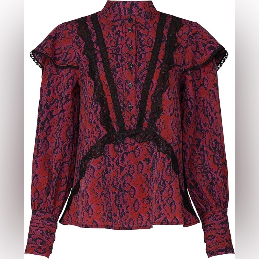 Koche Red Purple Snakeskin Print Lace Trim Blouse Buckle Cuffs Size 36 Womens